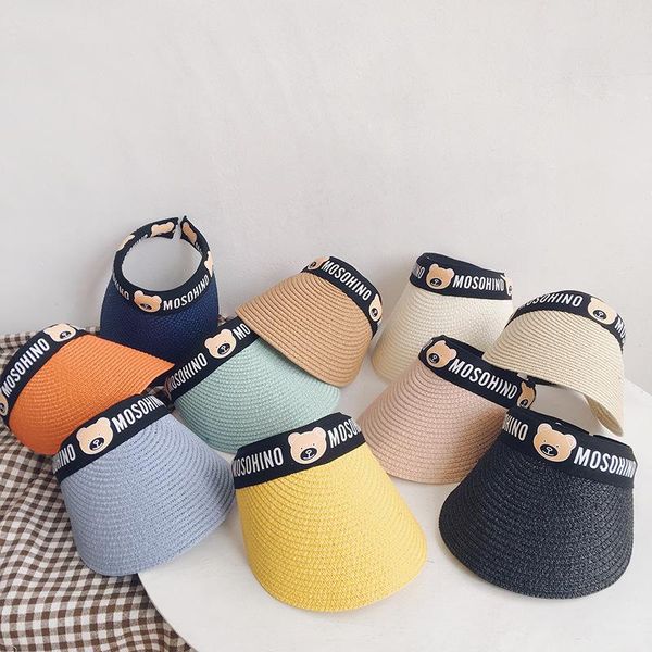 

simple and comfortable korean baby bear fashion cap empty straw hat summer sun hat for boys and girls with uv protection, Blue;gray