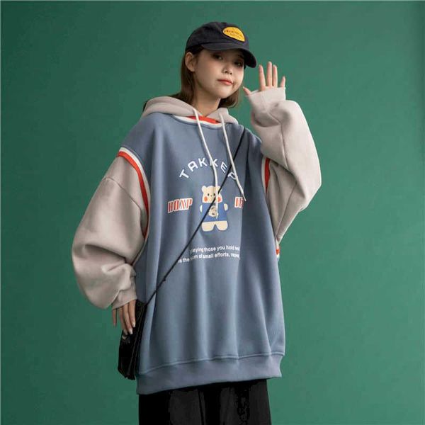 

hoodies fake two-piece hooded sweatshirt women's spring and autumn thin korean loose salt cartoon lazy pullover coat 210526, Black
