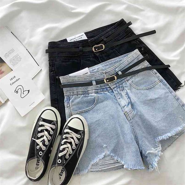 ZHISILAO Hohe Taille A-Linie Denim Shorts Frauen mit Gürtel Vintage Loch Ripped Sexy Kurze Jeans Femme Sommer Breite Bein 210621