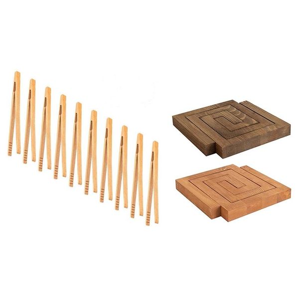 

mats & pads 10 pieces bamboo toast tongs, tongs 7 inches toaster 2x wooden trivet set,placemat coasters