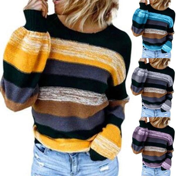 

women's sweaters knitting fashion round neck pullover sweater autumn winter long sleeve casual loose striped female ladies top, White;black