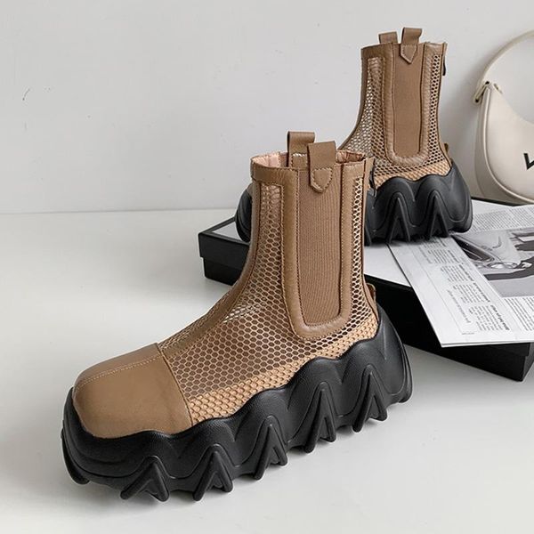 

boots summer cow leather breathable womens platform harajuku chunky heel ladies shoes thick bottom zipper street style, Black