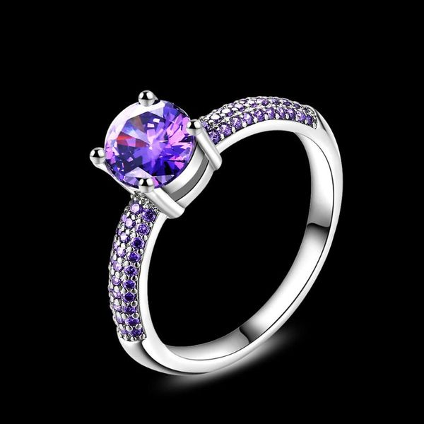 

cluster rings fashion jewelry 925 silver purple round stone ring female engagement proposal luxury gift, Golden;silver