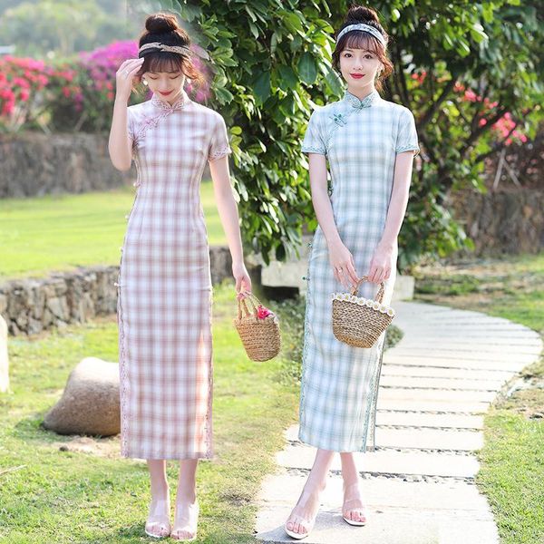 

lace trim plaid printed handmade button cotton long qipao traditional chinese women short sleeve dress daily cheongsam ethnic clothing, Red