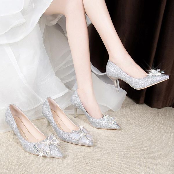 

dress shoes silver wedding women 2021 pointed high heels thin heel shallow mouth sequin crystal single bride, Black