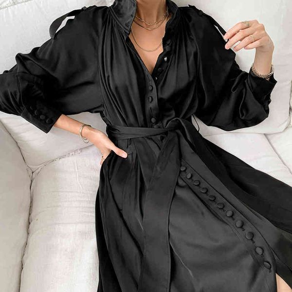 

casual dresses [ewq] autumn female loose turtle neck single breasted solid color lantern sleeve minimalist lace up a-line dress 8q308 x4dd, Black;gray