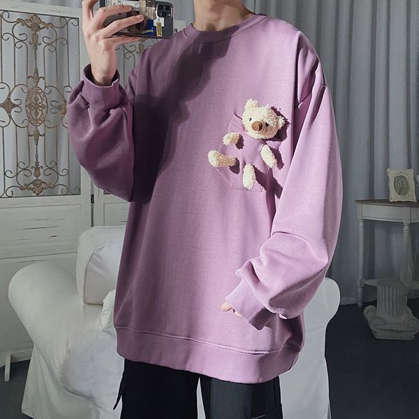 Sonbahar Kore Tarzı Tişörtü Erkek Kadın Vintage Katı Boy Kazak Moda Streetwear Sevimli Küçük Ayı