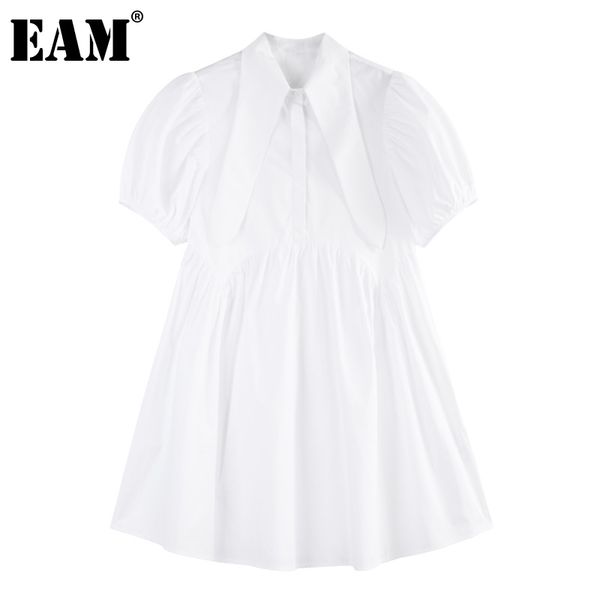 

[eam] women white ruffles pleated elegant dress lapel short puff sleeve loose fit fashion spring summer 1dd7855 210512, Black;gray