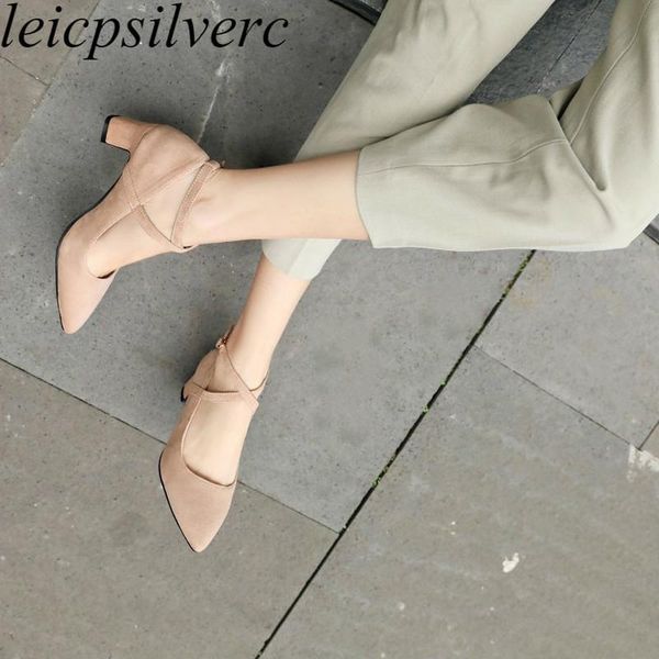 

women's pumps med heels spring autumn flock pointed toe buckle 2021 fashion casual party wedding beige big size 34-48 dress shoes, Black