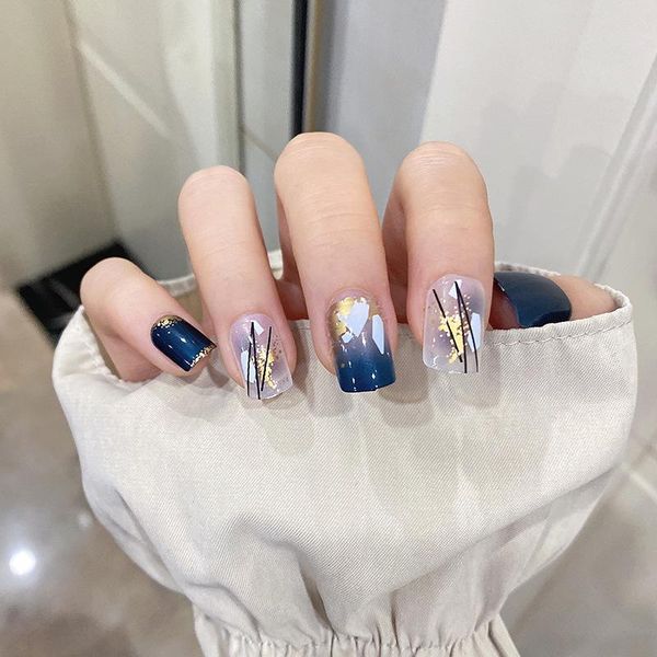 

false nails 24pcs fake short with glue blue gold foil wear paragraph fashion manicure patch wearable nail ty, Red;gold