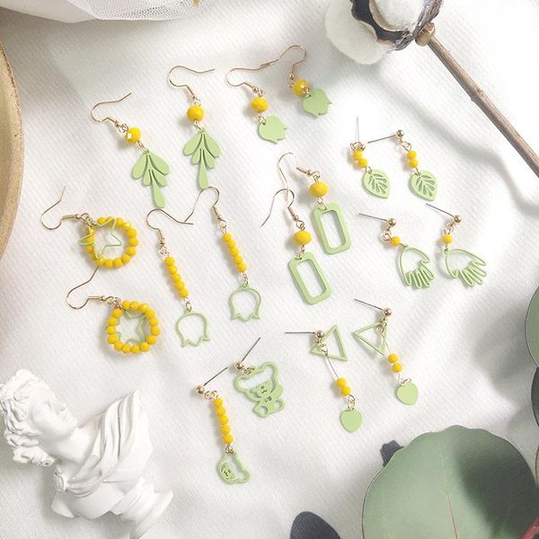 

dangle & chandelier vsnow trendy yellow green contrast color geometric flower leaf earrings for women beaded hand hollow jewelry, Silver