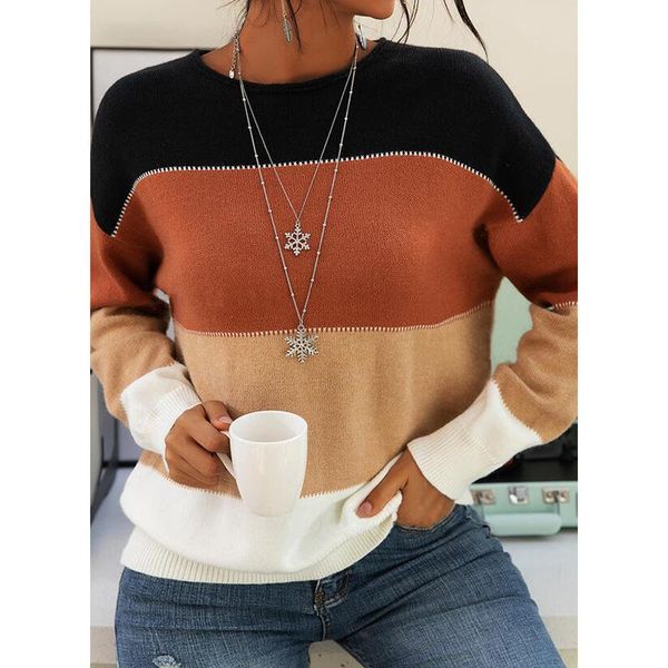 

women's sweaters sweater striped contrast color long-sleeved round neck pullover autumn and winter 2021 wm*, White;black