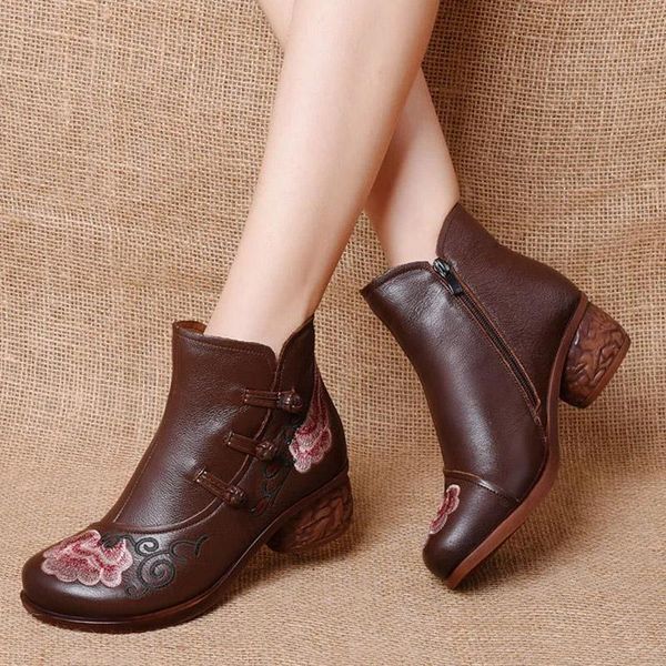 

retro ethnic style hand-embroidered leather short boots thick heel all-match comfortable mother shoes mid-heel, Black
