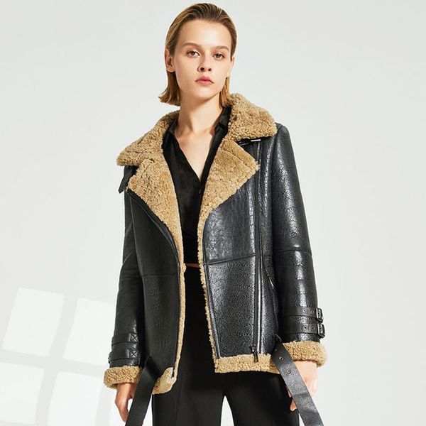 

women's leather & faux b3 shearling jacket short motorcycle winter warm, Black