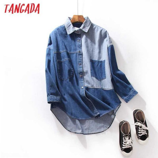 

tangada women patchwork denim jacket coat autumn oversized boy friend style female coat 3s10 210609, Black;brown