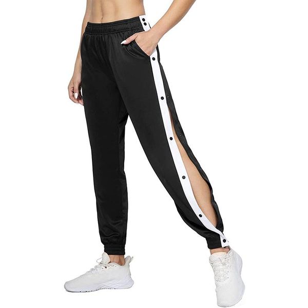 

running pants women casual sweatpants color block buttoned side split high waist joggers trousers workout fitness sports bottoms, Black;blue