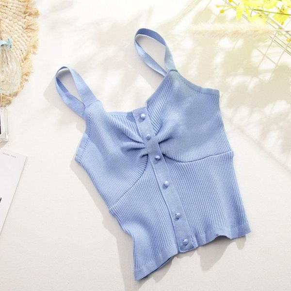 

women's tanks & camis abrini 2021 women v-neck button up knitted crop pleated spaghetti summer clothing folds elastic solid, White