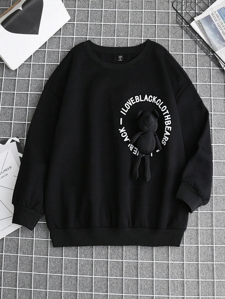 

plus bear patched slogan graphic thermal pullover 97yz#, Black