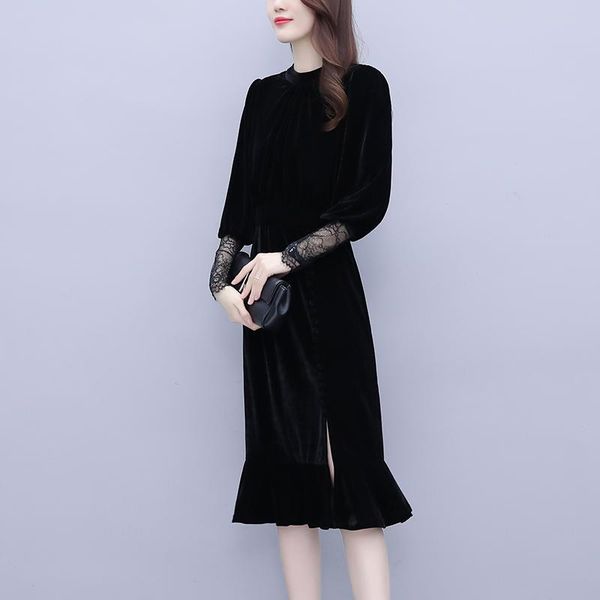 

casual dresses coigarsam patchwork women long dress lace black 6031, Black;gray