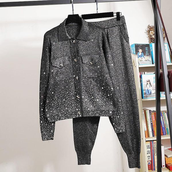 

women's two piece pants streetwear fashion loose bright silk knit tracksuit outfits women 2pc black cardigan sweater pencil set female, White