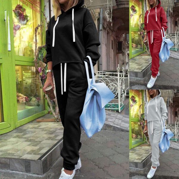 

women's two piece pants 2021 tracksuit casual sweatshirt set solid color long sleeve hoodie loose sport workout suit, White