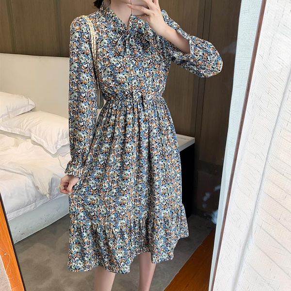 

casual dresses women's long dress 2021 spring autumn vintage floral pleated chiffon sleeve plus size vestidos with lining, Black;gray