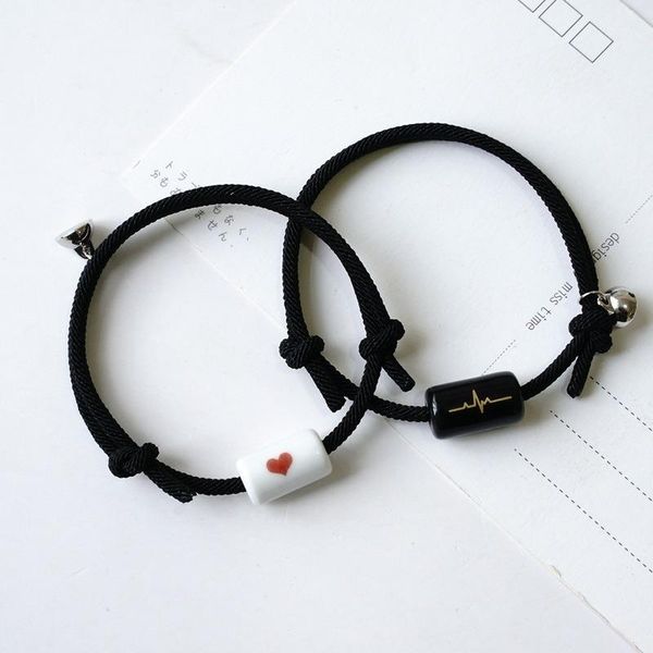 

link, chain 2pcs/set magnet bracelets couple vintage matching bracelet heartbeat beads distance braclet lovers jewelry valentine day gifts, Black