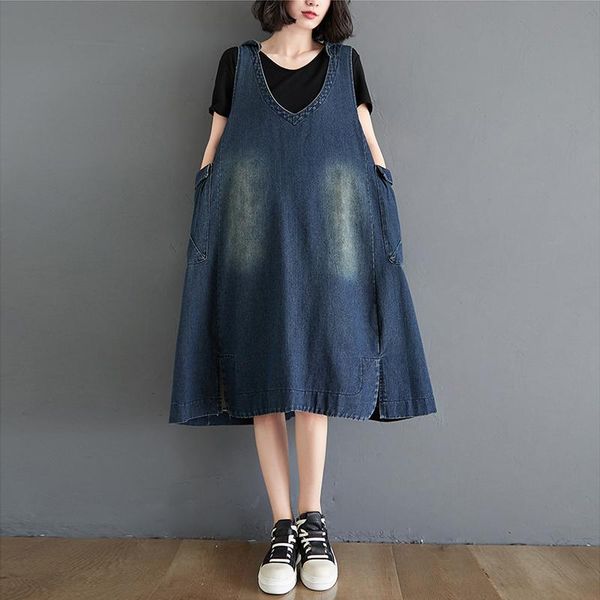

casual dresses johnature strap denim loose plus size 2021 spring dress vintage solid color all-match women pinafore, Black;gray