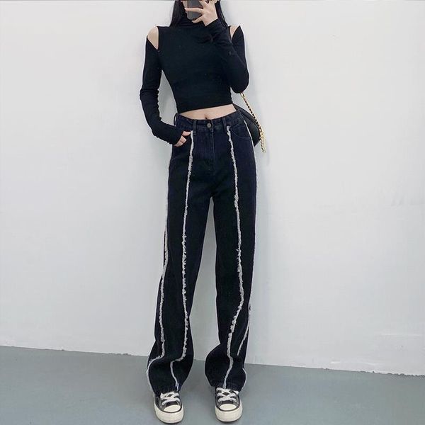 

women's casual sstripe high waist wide leg pants female loose long denim streetwear jeans trousers for women, Blue