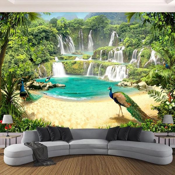 

custom 3d self adhesive wallpaper murals waterfall peacock lake landscape effect living room sofa tv background wall waterproof wallpapers