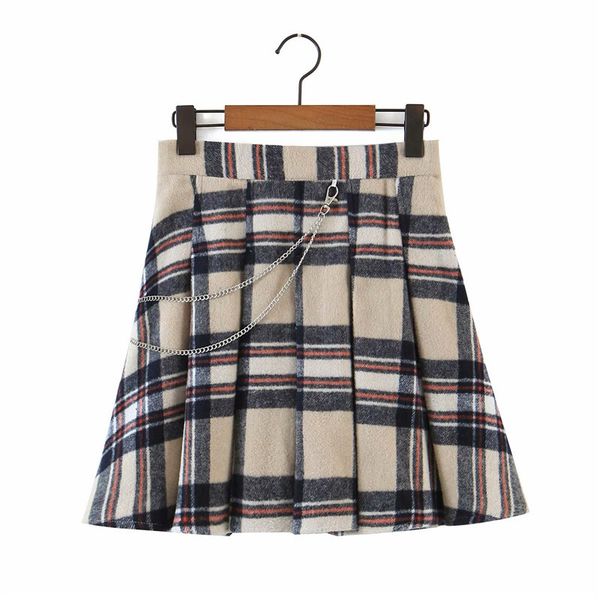 

skirts women sprint autumn fashion plaid high waist mini with chain chic lady preppy style warm woolen pleated short skirt zd9h, Black