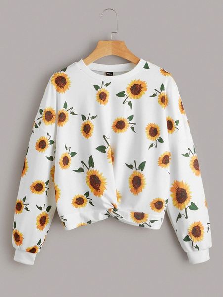 

allover sunflower print twist front sweatshirt n7s7#, White;black