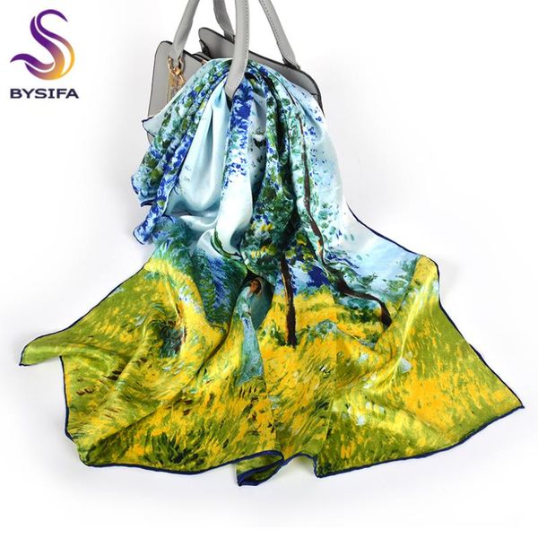 

scarves [bysifa] women pure silk scarf shawl brand twill fashion oil painting girl design yellow green square scarves88*88cm, Blue;gray