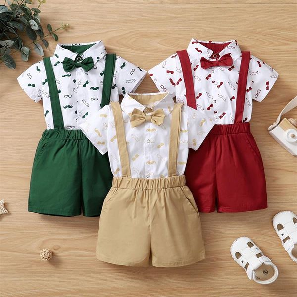 

clothing sets 0-18 months baby boys 2pcs clothes set print short sleeve shirt+solid color suspender shorts suits for daily party, White