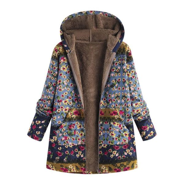 

women's jackets women winter warm outwear floral print long sleeve hooded coats vintage fluffy fleece zipper coat loose female pocket j, Black;brown