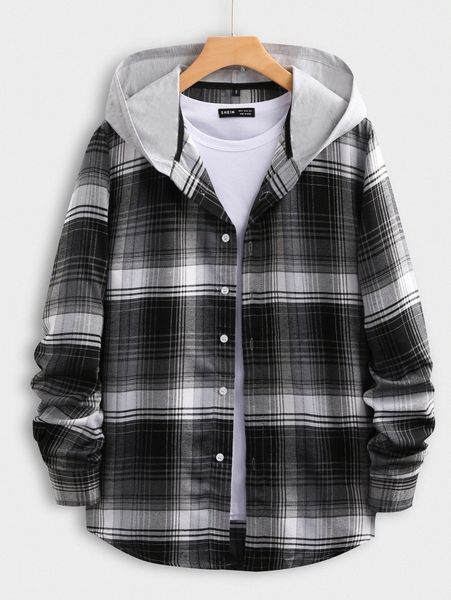 

men plaid button front contrast hooded shirt k3gy#, White;black
