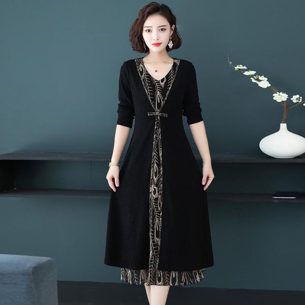 

casual dresses winter dress women print lace plus size party fashion v neck elegant long fake two-piece silk long-sleeved maxi, Black;gray