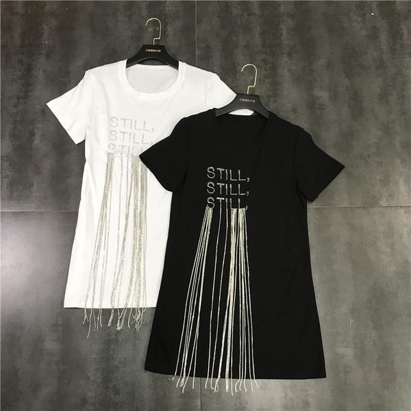 

women's t-shirt 2021 summer letter rhinestone tassel chain all-match mid-length female fashion, White