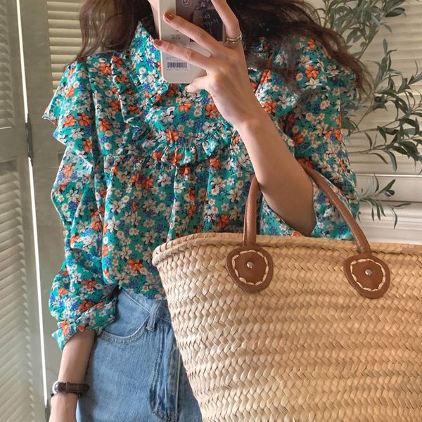 

women's blouses & shirts 2021 women floral print elegant chiffon blouse long sleeve lady clothing temperament shirt korean fashion, White