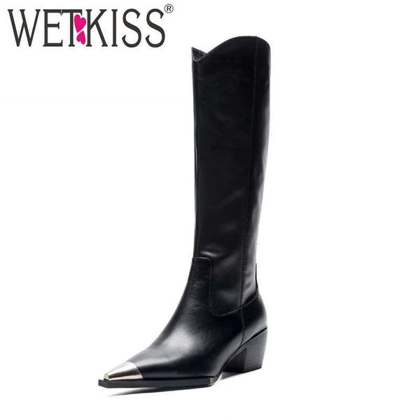 

wetkiss cow leather knee high boots pointed toe rubber footwear thick high heels female boot fashion shoes woman winter 210630, Black