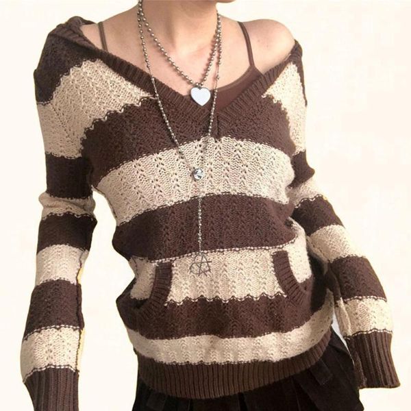 

women's sweaters ladies hooded knit sweater striped pocket casual loose fall/winter knitted v-neck thinning retro e9y7, White;black