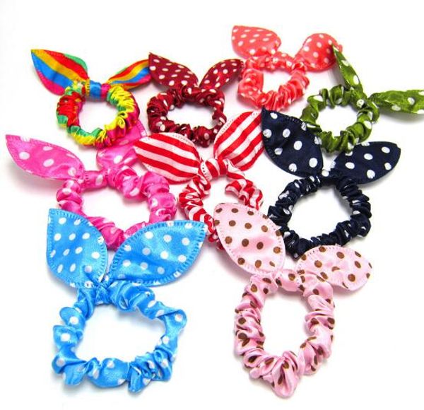 

new 100pcs/lot children women hair band cute polka dot bow rabbit ears headband girl ring scrunchy kids ponytail holder hair accessories, Slivery;white