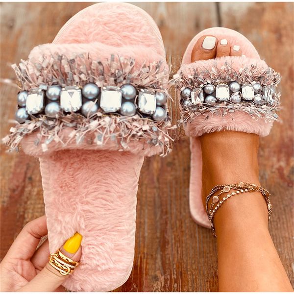 

aliyi indoor fluffy slippers women 2021 new fashion non-slip pearl home bathroom shoes flat warm female crystal sandals, Black