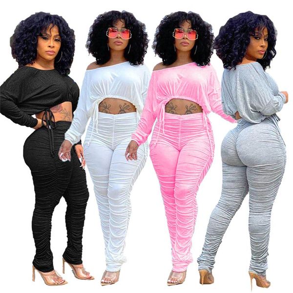

casual ladies ensemble plain crop and stacked pants plus size women clothing two peice set women's & capris, Black;white