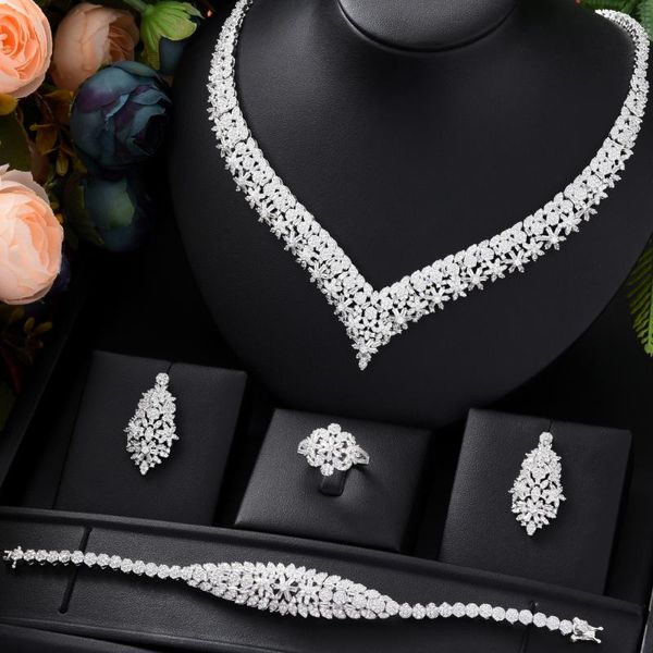 

earrings & necklace trendy 4pcs luxury flower statement jewelry set for women wedding cubic zircon cz african dubai bridal, Silver