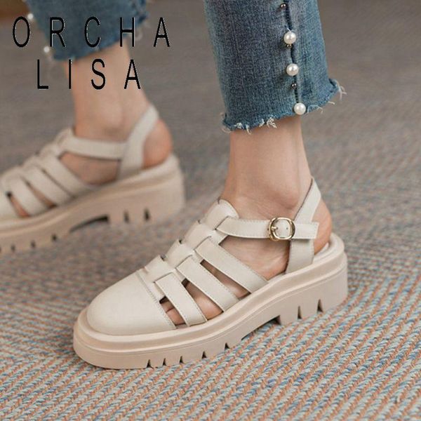 

summer round toe retro sandals cow leather cut outs rome female shoes buckle slingback women med heels size9, Black