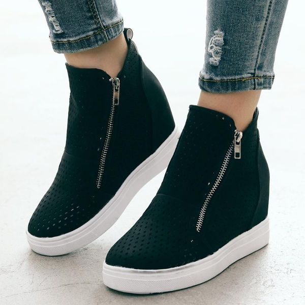 

boots winter shoes women sneakers ladies fashion wedge heel ankle sole hollow zipper flat round toe bota feminina, Black