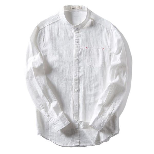 

summer fashion linen shirt men chinese mandarin collar long sleeve shirts male stand cool slim fit 4xl men's casual, White;black
