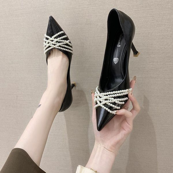 

dress shoes sunmmer elegant pearl for woman pointed toe high heels shallow black pumps shoe bride 8cm