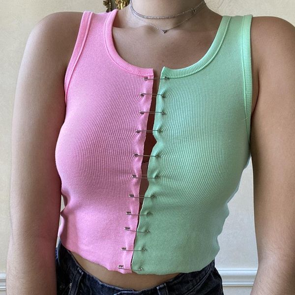 

women tank summer contrast color vest fashion u-neck pins hollow crop sleeveless clothes for female ladies women's tanks & camis, White